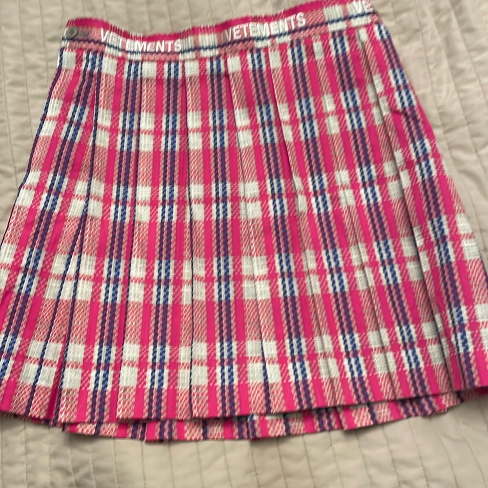 Vetements Pink Plaid Pleated Mini Skirt with Blue & White Accents - Picture 1 of 12